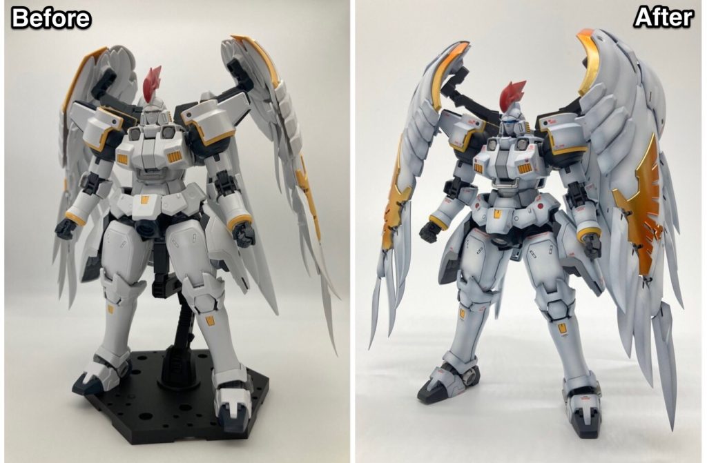 まずは仮組みと完成後のビフォーアフターです！羽根の先端のシャープ化、スタイルの改修を行ったため、全体的にスタイリッシュになったと思います。