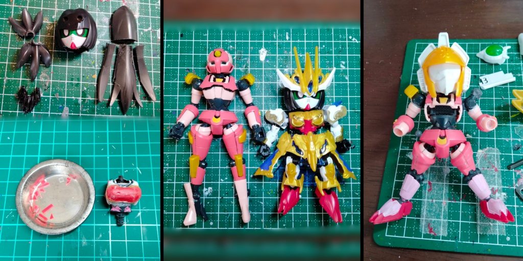 ●制作工程『ダンボール戦機クノイチ』が芯です。ポニーテールは、『周瑜ヒャクシキ』のパーツを切り貼り。胸は、ランナークズを貼り付け。顔は『祝融ガンダム』を採用。