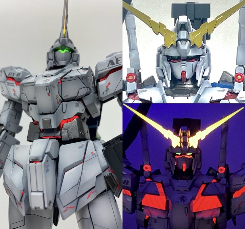 顔は変形のためか頬がほっそりしすぎている印象だったの、0.3㎜プラ板を左右に貼って整形しなおしました。 ブレードアンテナは本来光らない設定ですが、発光時の見栄えを考えて、金色にキャンディー塗装した上から、スプーキーレッドとスプーキーグリーンを調合して作った黄色に発行する塗料を吹きました。ユニコーンモードでブラックライトを当てると角の切れ目から金色の光が漏れ出ます。