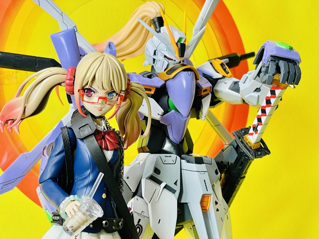 ラストにちょこっとだけ。機体を操るのは、聖鳳学園高等部2年、剣道部所属のイケイケJK剣士「アオイ・F・キリュウ」機体の髪の毛やメインカラー、カメラアイの左右色違いは、この子の特徴をトレースしました。紫は、ガイアのラベンダー、白はガイアのEXホワイトです。最後までご覧いただきありがとうございました。