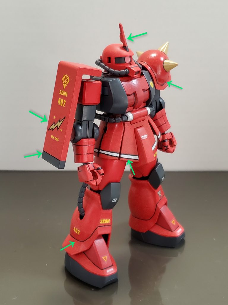 真紅の稲妻のマーキングなどを出来るだけ再現したくて下手っぴながら、各所にスジ彫りを施しました🎵特にパーソナルマークの⚡、スカートの白いライン等のデカールが無いのでスジ彫りで表現しています💦 