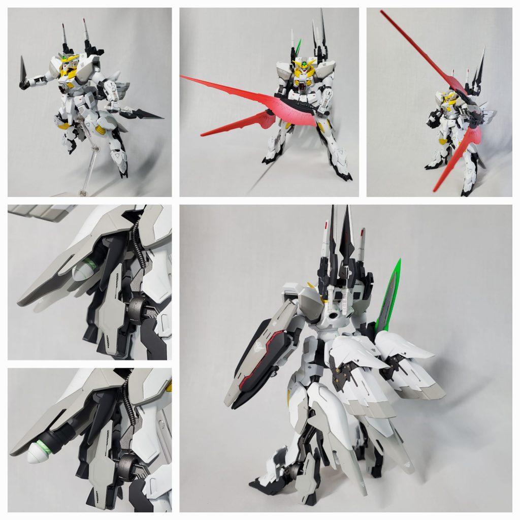 ラファエルを素体にバルバトスルプス、シナンジュを中心にOO系をミキシング。1番のこだわりはふくらはぎ装甲内にマウントした擬似太陽炉。高出力時は先端にスライドするという設定です。お気づきの方もいらっしゃるかと思いますが、可動域が死んでます。特にこだわった脚部がwシナンジュのバックパックの羽、短い方をふくらはぎに付けた方が良かったかも…。