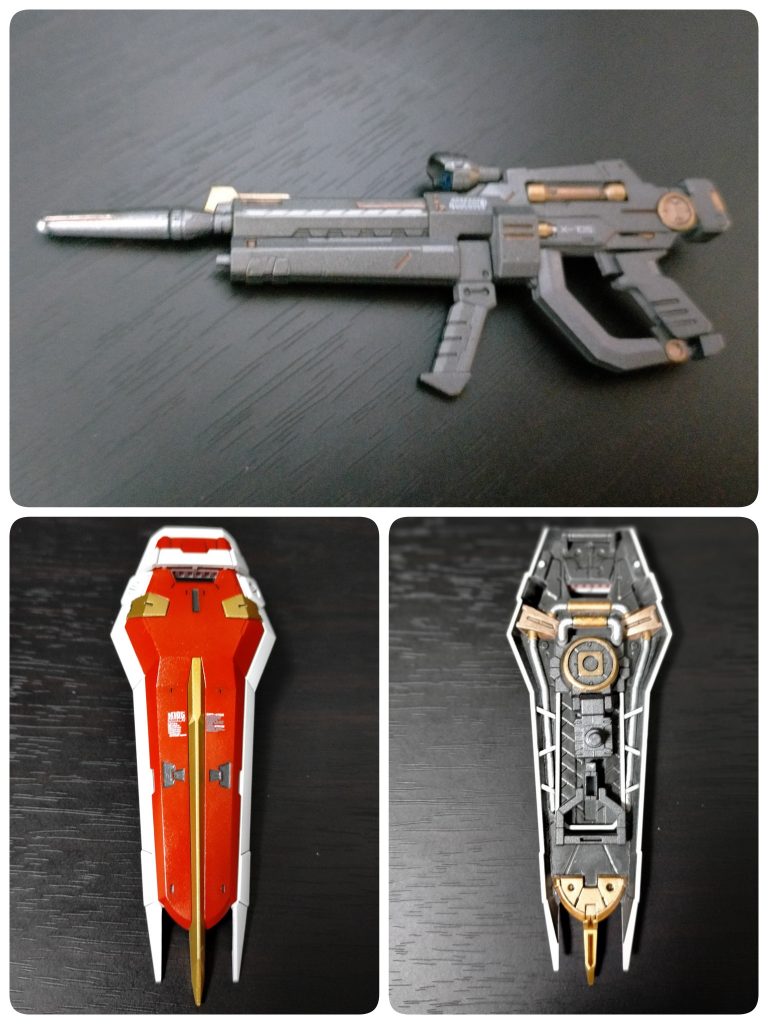 武器塗分け詳細です!基本塗装は調色はしないのでベース塗装はベタ塗りですが、シールド裏の塗りはは一番時間がかかりました(汗)ラッカーベース塗装→アクリジョン筆塗り→エナメル筆塗り&拭き取り→アクリジョンクリアーで保護→ラッカークリアー塗装と、やたら時間をかけました(笑)