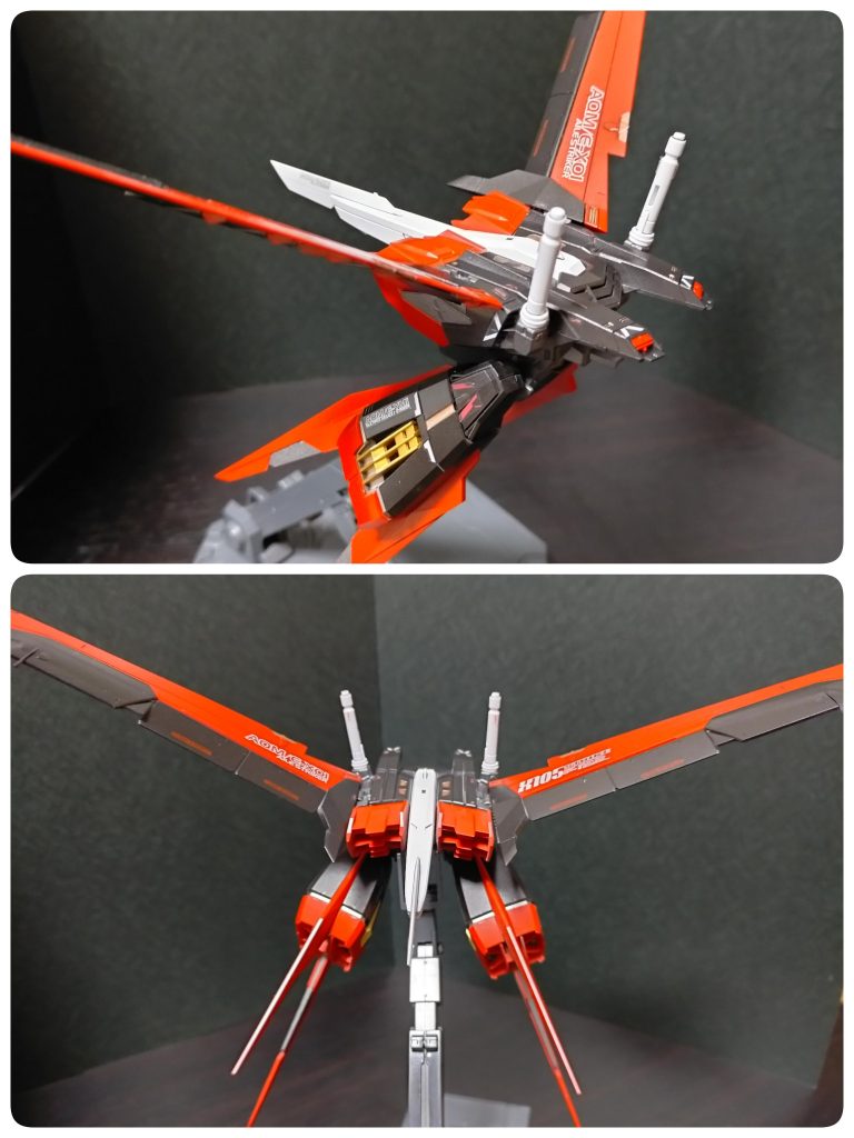 数あるストライカーパックシステムの内の一つ、エールストライカーパック!ラジエタープレートを兼ねた大型可変翼と4基の高出力スラスターを持つ。基本的にエールストライカーは宇宙用の装備だが、重力下でも高々度のジャンプや短時間の飛行が可能。機動力を強化するという性質上、汎用性が高く、最も多く使用されたストライカーパックである。