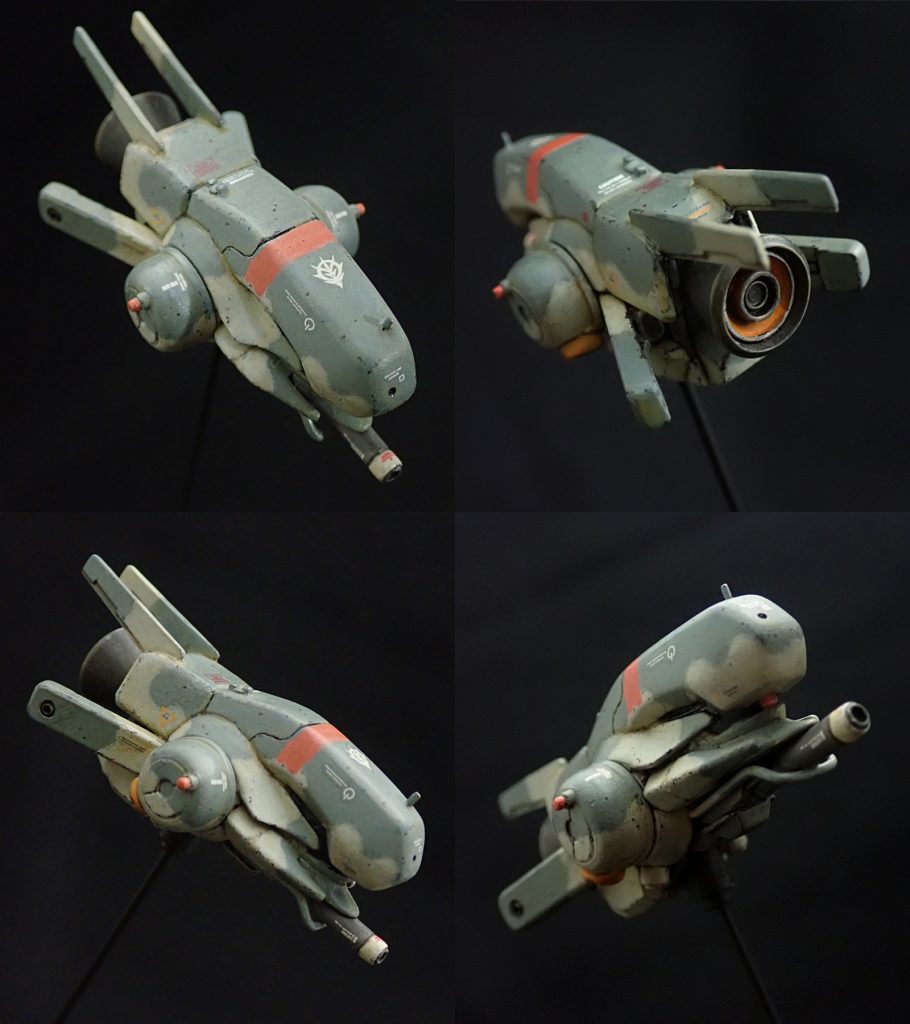 頭部脱出ポッドは複座型という設定です。宇宙戦闘機らしく見えるようデザインしましたが、「耳」のスラスター、「口」のビーム砲、ジオン軍MSの象徴であるモノアイという、ジオング的な記号は残しました。最後までご覧いただきありがとうございます。