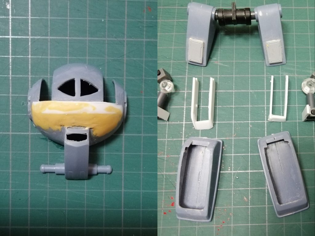 内部にゾゴックのフレームをカットして入れた以外の本体の改造はわずかです顔？(ボディ？)はキットの形が設定と異なるのでポリパテを盛って成型して整えました後で頭部に武装を取り付けるため頭頂部の前後2か所に磁石を付けていますカメラ部は切り抜いてゾゴックのフレームをおゆまるで複製したものをレジンで複製してベースにして適当にパーツを入れてあります肩の回転ノコギリはみなさんマグネットで後ハメにしている方が多いですが、心棒をぎりぎりまで削って後からハメてます　ハメる際にめちゃくちゃ傷がついたのでマグネットがおすすめですドリルの先端を鋭利にするか悩んだのですが、ちょっと印象が変わってしまう感じだったので今回はとがらせていませんまたホバーなので必要ないのかもしれませんが、足首も体を斜めにした際に足裏が設置できないので中にフレームを作って可動出来るようにしています　可動軸が複雑そうにしてありますが、ただ完成したあとに多少接着位置がずれても後で位置調整できるようにで実際はあまり動きませんまた力尽きて塗装していませんが、ホバーの足裏をゾゴックの足裏とジャンクパーツで作っています　これが一番面倒でキットにゾゴックの足裏を張り付けて、7ミリのプラパイプで元のホバー部分と挟み込んでいます