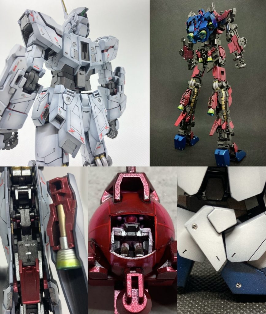 見えないところや細部もこだわりました。バックパックで隠れる背中のディテールアップ。内部フレームの塗分け。コクピット内の塗装などなど。また、全身に1㎜から1.5㎜の丸モールドを追加しエッチングパーツを埋め込みました。真っすぐ入らないところもあって苦労しました(-_-;) コクピットのドームは塗料を拭き取ってクリアパーツの透明感をそのままにしました。 ふくらはぎのバーニア周りはフレームが露出する場所なので、スジボリやプラ材、エッチングパーツでそれらしくディテールアップしました。