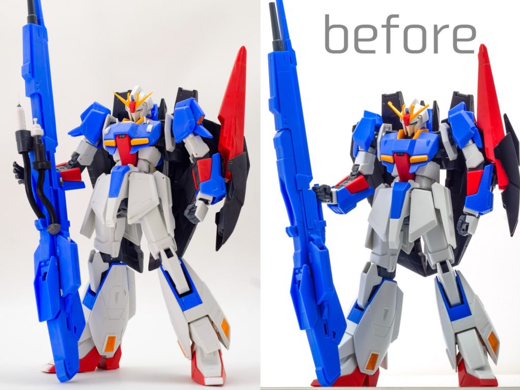 プロポーションは首を1.5ミリ延長。アゴを引いたスタイリングができ、寸詰まり感を解消。アンテナのシャープ化。アゴ部をけずり、フェイスデザインを変更。頬の装甲を削り小顔化。 腰部で2ミリ、足首で2ミリ延長。足の甲当ては長すぎたのでカットしデザインを入れて馴染みをよくしました。つま先も延長、フロントスカートも幅増ししてマッシブさを。