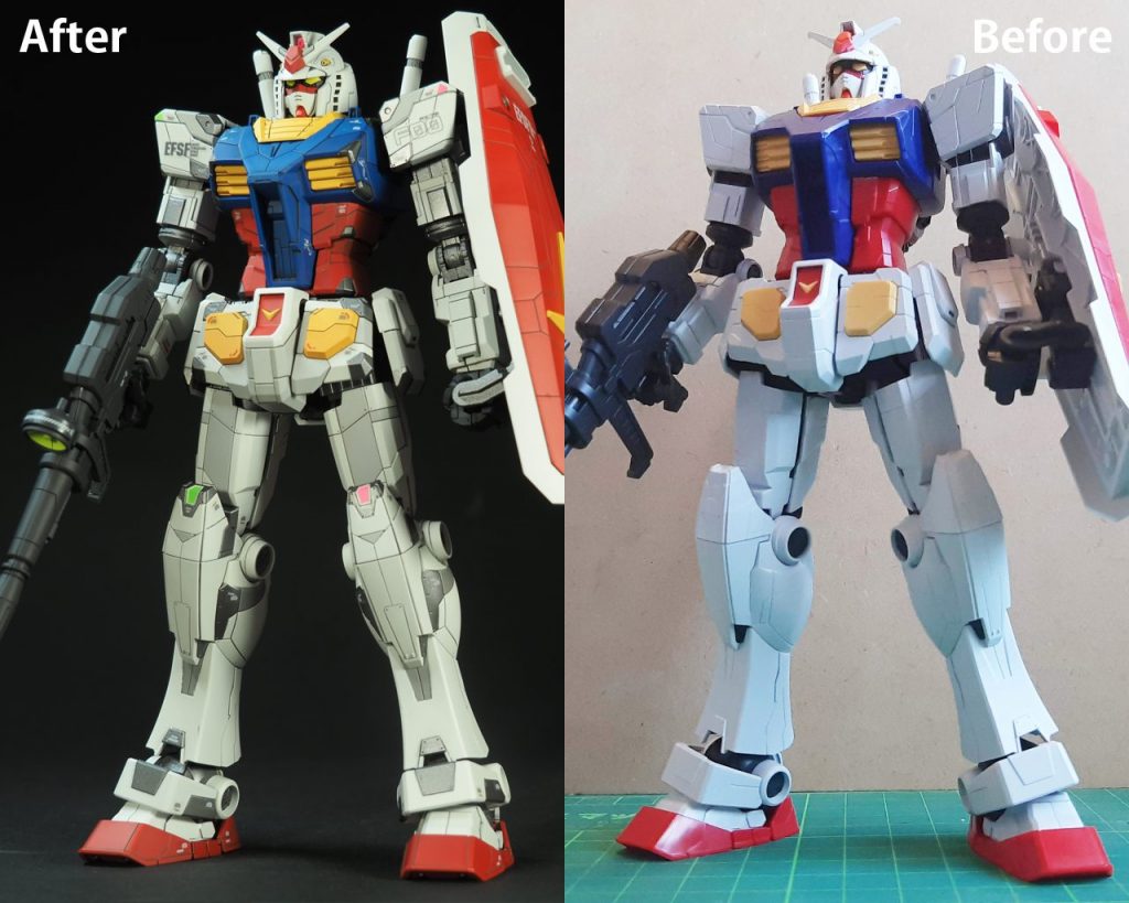 塗装前と塗装後。パネルラインがたくさん入っているので、塗分けるとカッコいい。