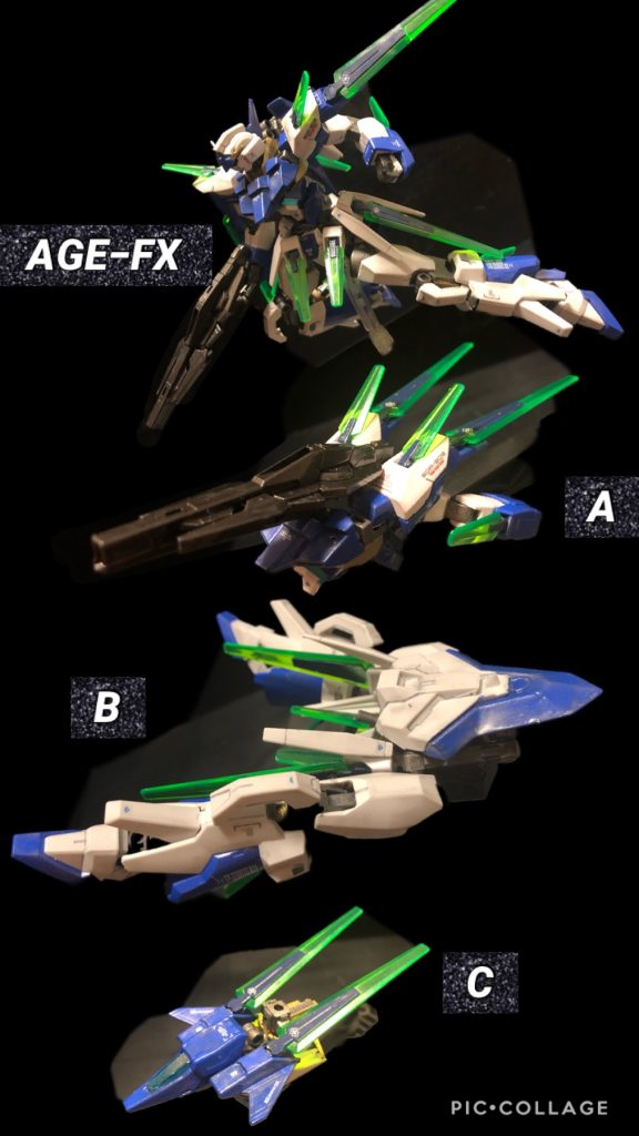 oyz「コレが基本形態。お次が組み合わせヴァリエーション。」④ A + B   GセプターFXoyz「ガンダムになるには、一度このGセプターFX形態になり、そして最後にコアファイターがドッキングするぞ!」⑤ A+C  トップファイターFX⑥ B+C   ベースファイターFXoyz「トップファイターは攻撃力、ベースファイターは機動力重視の形態だぞ!」⑦ A+B+C   GファイターFX「全部乗っけ形態。航続距離が長いぞ。取り回しはあんまり良くなく、MS形態になるには分離後に再合体する必要があるぞ。