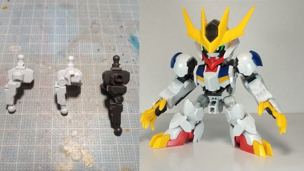 太腿はギリギリまで短くカット。ブースター2に入っているスイング式の股関節を前後逆にし、軸部分を上方向にスイングさせ、膝を90度ほど折り曲げた状態で組付けてあります。この様な改良により、CSフレームの可動範囲を保ちつつ、SDフレームのサイズ感が得られました。