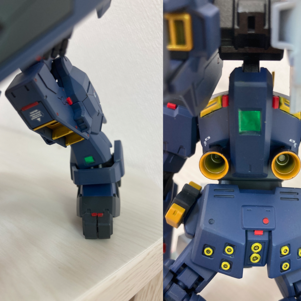 グリーンの部分にレジン塗布しました。クリアパーツみたいでいいですね。後日談ですが、頭部センサーと胸部センサー、それとショートビームライフルのセンサー部にもレジン塗布しました。めっちゃカッコいい