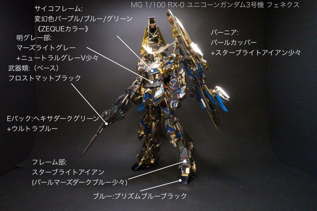 カラーレシピです。今回は機体のパネル塗装が無かった分、ゴールドに目が眩みマーキングデカールを貼るのが大変でした。