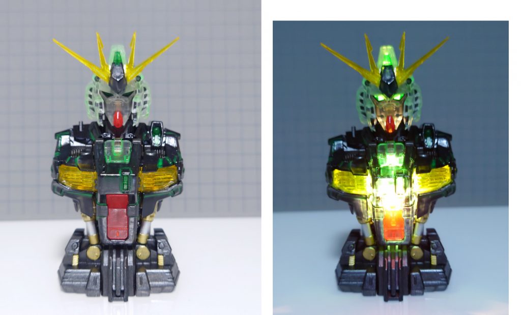 ルミナスユニットは胸部と頭部で1個づつ必要ですが、内部メカに1個だけ付属されいます( ̄▽ ̄;)左鎖骨に取り付けてるクリアパーツも光るようにして欲しかった…