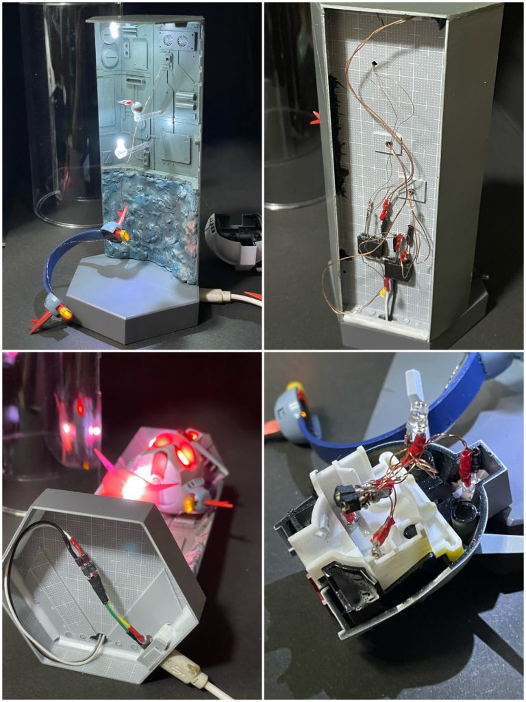 電飾について半田付けが下手くそなので、今回は全部3mm砲弾型LEDでやりました。頭部: ツインアイと前後のカメラに赤LEDヘッドフォン: 左右に黄色LED背景: ビームの先端と根本に白色LED電源はmicro USBのtype-B (5V) です。