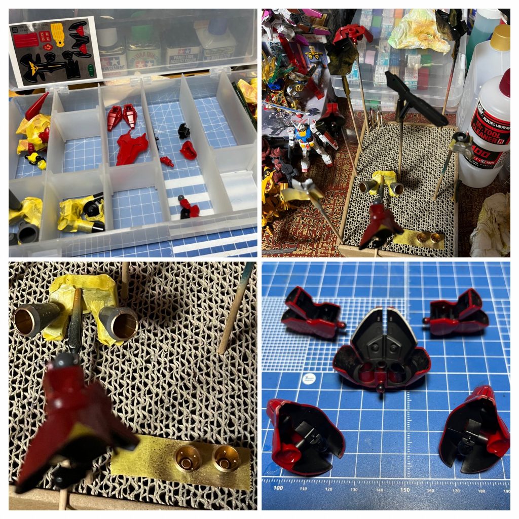 切り出して一次マスキング。缶スプレー/とガンダムマーカーエアブラシ分の塗装です。アーマー裏地は黒で塗って目立たないようにしてます。バーニアは金、これは譲れませんw