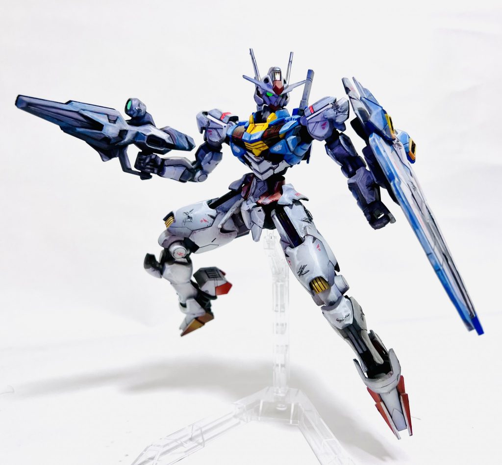 HG 1/144 機動戦士ガンダム 水星の魔女 ガンダムエアリアル 2次元彩色アニメ塗りダメージ加工 塗装済み完成品–4枚目/制作者：H4co Y