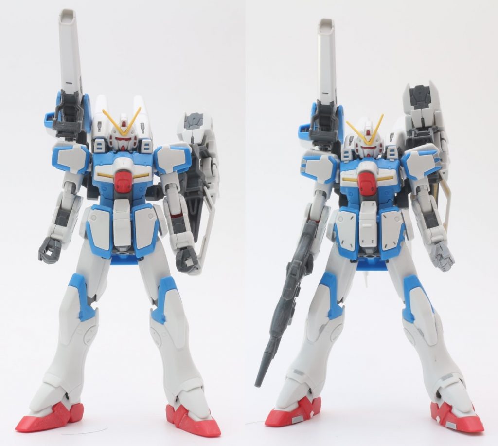 左が素組，右が改修後です．基本的なプロポーションは変更せずに，立ち姿がきれいになるように関節回りを修正しました．