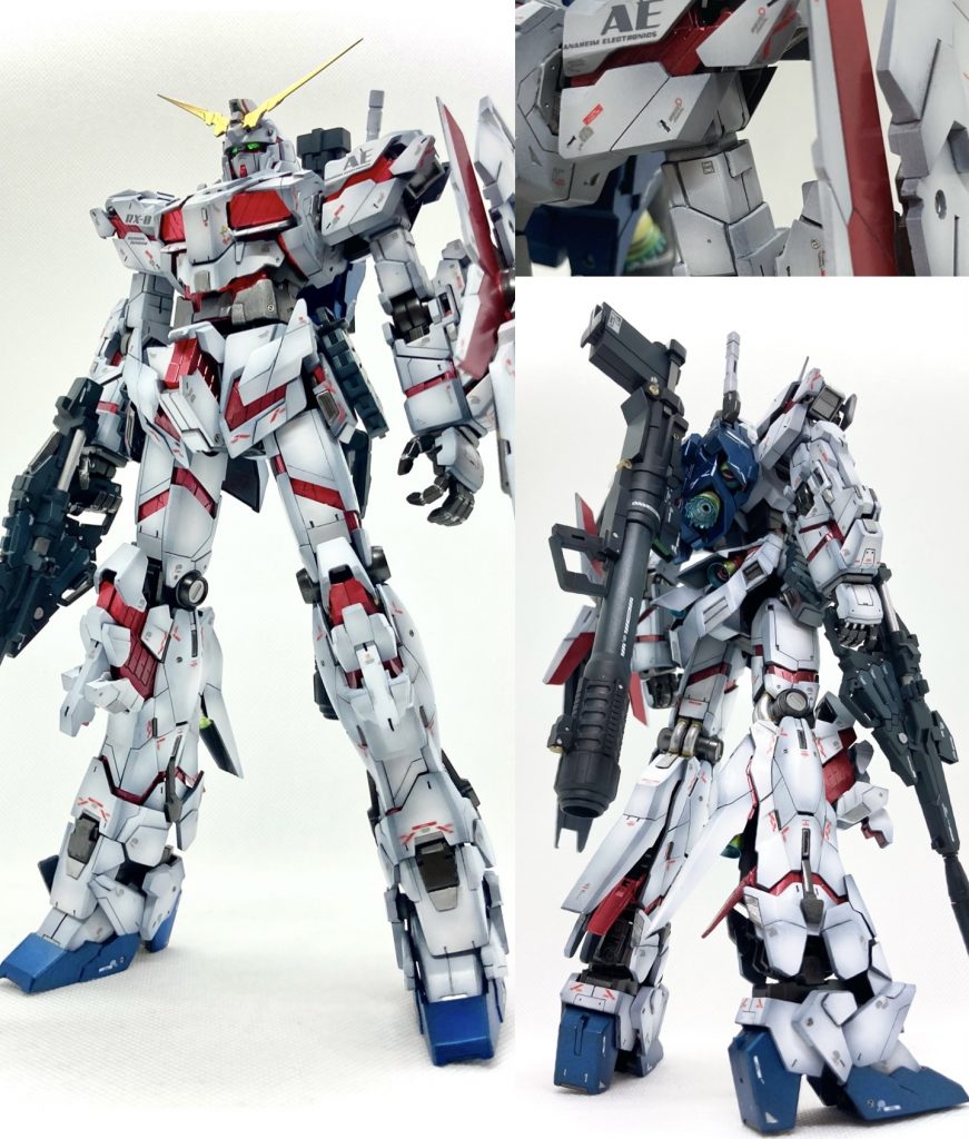 デストロイモードです。変身によって脚が14㎜ほども伸びるのですが、これが長すぎる印象で、太ももを短くしようと試行錯誤しましたが、結局武装を装着させると…不思議とそれほど気にならないという(^^; むしろ腕が短い印象を受けたので、肩と二の腕の間にプラ板ですき間をつくり1.5㎜延長。ここはネオジオングにパンチしたときのショックを吸収するショックアブソーバー的なイメージです。 全体的にヒョロっとした印象なので、腹部の装甲も左右0.5㎜ずつ増幅。