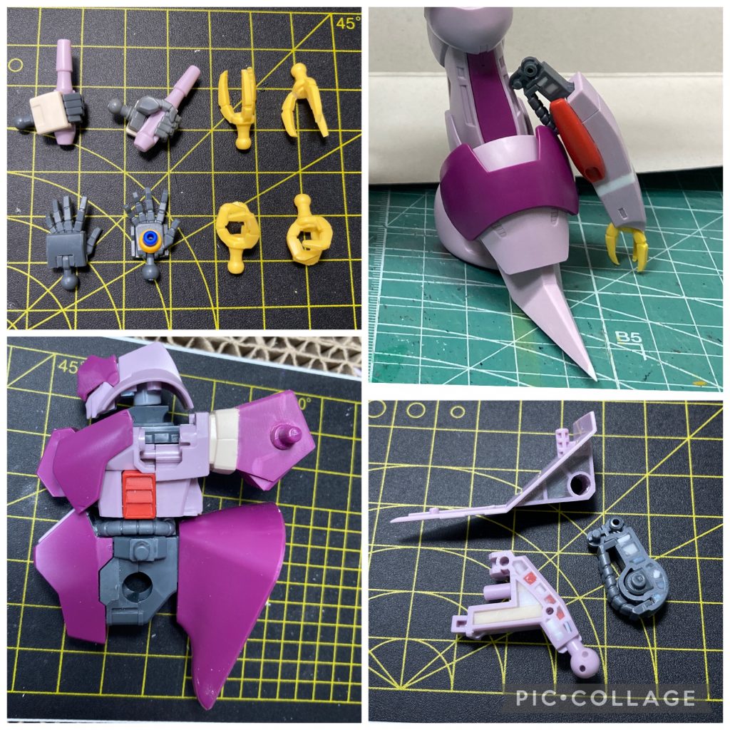 制作途中独特な体型を強調したいので、胴体下部をつめ、腕のつけ根と前腕で上下延長しました。クローは向きが不自然に感じたので、切り取って向きを変えて接着しました。肩がバックパックに当たるので、スペーサーを入れました。つま先はプラ板延長。平手はビルドナックルがベースです。肉抜き穴は埋め、肩・ひじ・ひざは後ハメしました。