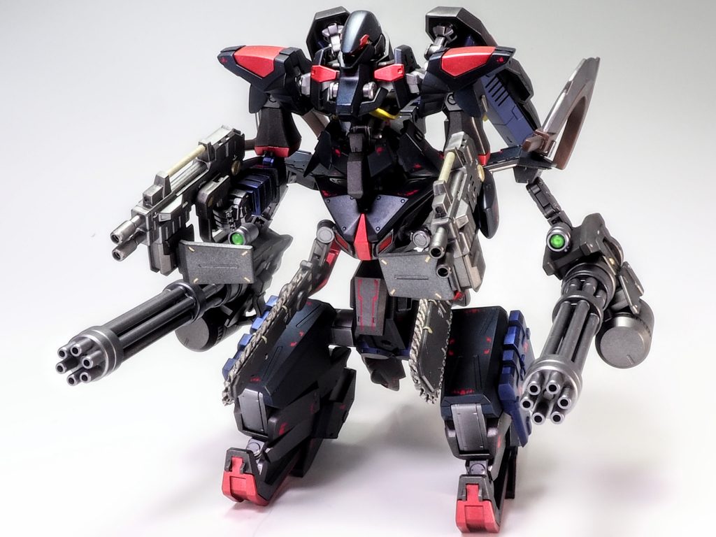 駐機体制です。バンイップ・ブーメランを下半身に見立て、グレイズの上半身を3mmのジョイントで接続しています。グレイズの腕だと短く華奢でバランス悪く感じたので、手持ちで一番ゴッかったバーザムの腕に交換しました。