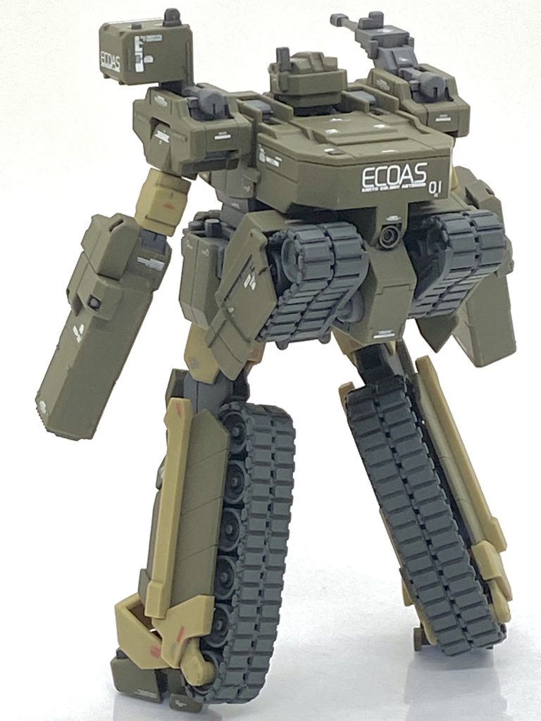 塗装箇所とカラーレシピロングキャノン、4連メガ・マシン・キャノン本体、25mmマシン・キャノン本体部等→(クレオス)RLM75グレーバイオレットスラスター、25mmマシン・キャノンマズル等→(ガイア)フレームメタリック(1)キャタピラ→RLM74 グレーグリーン