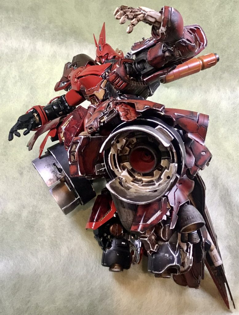 RGジオングのバーニアを見せてるポージングこのポージングができるようにしたくて、腰に関節をいれて90度曲るようにしています。(詳細は下の方に書いてあります。)