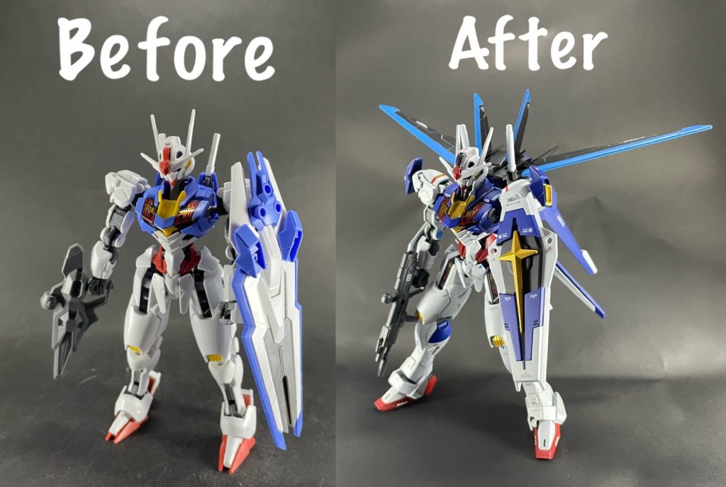 エアリアルの素組みとのビフォーアフター!個人的にはエアリアルの強化装備型みたいになっていたら幸いです☺️ビフォーより、足をかなり長くしました!