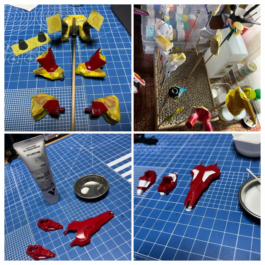 二次マスキングからの塗装。今回はセンサーをシルバー→蛍光ブルー。サーベルは蛍光グリーン/蛍光イエローで塗ってます。試しにマスキングめんどくさいなーって部分をアクリルガッシュで筆塗りしてみました。筆塗り自体が初めてなので塗りムラはどうしても出ちゃいますが、マジックリン拭き取りできますし、隠蔽力もあって良い感じですね^_^b