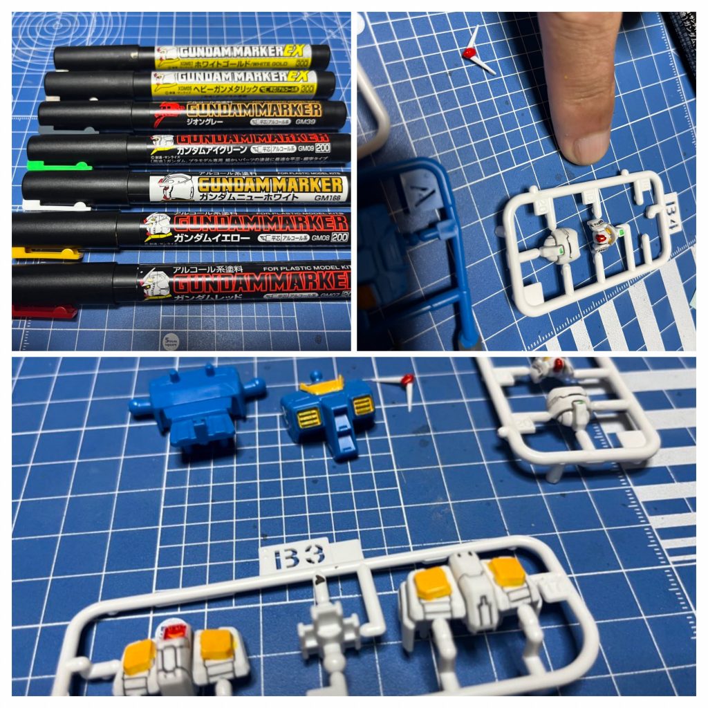 細かいのでとりあえずは切り出し前にある程度塗っちゃいます。ノーマスキングでガンダムマーカーとスミ入れ塗料のみ。特に細かい部分は塗料皿に出して筆塗りです。色数に関しては小さくても変わらないので、まあまあ使ってますねw
