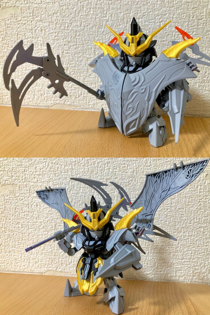 SDWヒーローズで曹操ウイングガンダムが倚聖の装にパワーアップした際、EW版ゼロよりも無印デザイン方向に立ち返った事に着想を得て、こちらもTVアニメ放映版デザインのガンダムデスサイズヘルをイメージした配色・造型にアレンジしています。最も特徴的なアクティブクロークはウォーロックイージスガンダムのパーツを加工・調整して取り付けました。最初にウォーロックのマント開閉を見た時、これは完全にデスヘルのクロークに似てるなと感じた第一印象の発想のまま駆け抜けて参りましたが、思った以上によく似合ってくれて良かったです。左腕部のバスターシールドは旧キット1/144 ガンダムデスサイズヘルのジャンクパーツが入手出来たのでそのまま使用しています。ほか武器、頭部・胴体のカラーリング等で可能な限り演者MSのデスヘルの雰囲気に近づくよう工夫しました。