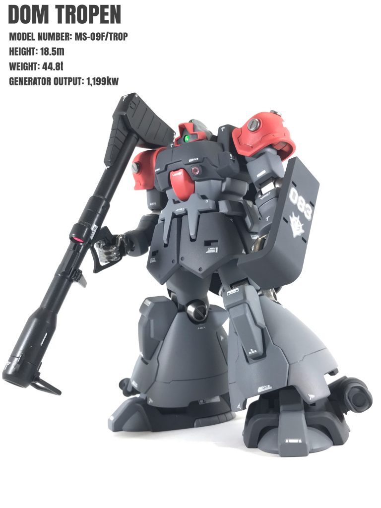 3号機（機体No.083）僚機その2 ドムトローペンです。実はこの機体は10年以上前に作成したものをレストアしたものです。PC交換の為の分解、溶剤による塗装除去で接続部や色々な箇所がバキバキに折れて、補修&補強で一番手間が掛かった機体です。（ショルダーアーマーに至ってはザクのモノを流用してます。)