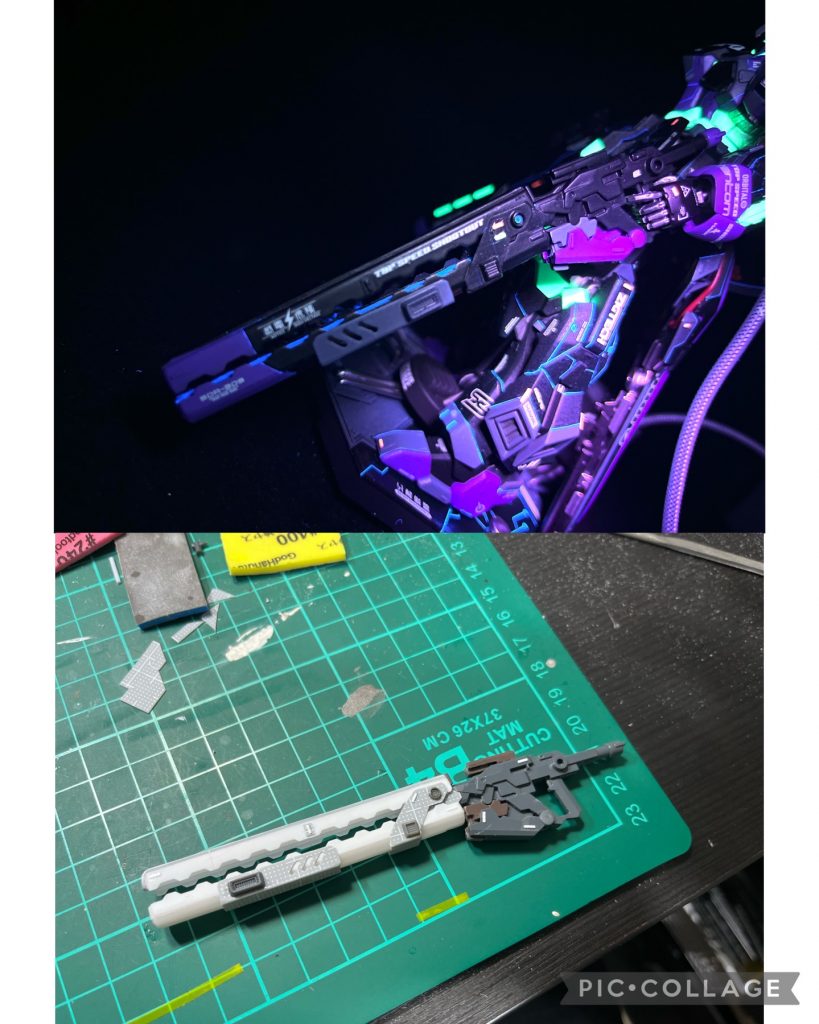 サイバーパンクとして意識したもの⑥「レールガン」これは一択でした。サイバーパンクを題材にすると決めた時から武器はレールガンにしようと思ってました。持ち手のところは付属品をそのまま使い、銃身はプラ板、棒でスクラッチしました。銃身の挟まれてる部分というか、中のところは蛍光ブルーを塗って光るようにしたんですが、位置的に見えにくいのが残念なところでした。