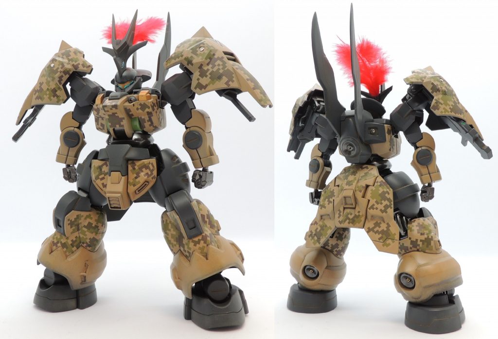 頭部の角の先端、背部の先端、両肩アーマーのピラミッド状の部品をヤスリで鋭角的に処理しています。