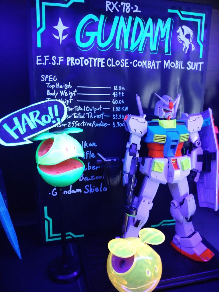 作り方は簡単　白・蛍光色にライトは光るので、それ以外を黒くすればイイのです！台紙は白いコピー用紙・厚紙何でもOK！白抜き文字に蛍光マーカーを塗り色を付けます。「HARO」文字のように吹き出しに切り出しても面白いです。