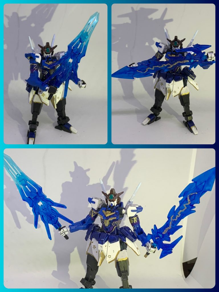 オリジナル装備②雷鳴剣「鳴神」と氷竜剣「鉢特摩」。青には雷と水二つの表現が出来そうと思い魔竜剣士ゼロカスタムの剣を雷に、曹操ウイングガンダムの剣を筆塗りグラデで氷にしました。