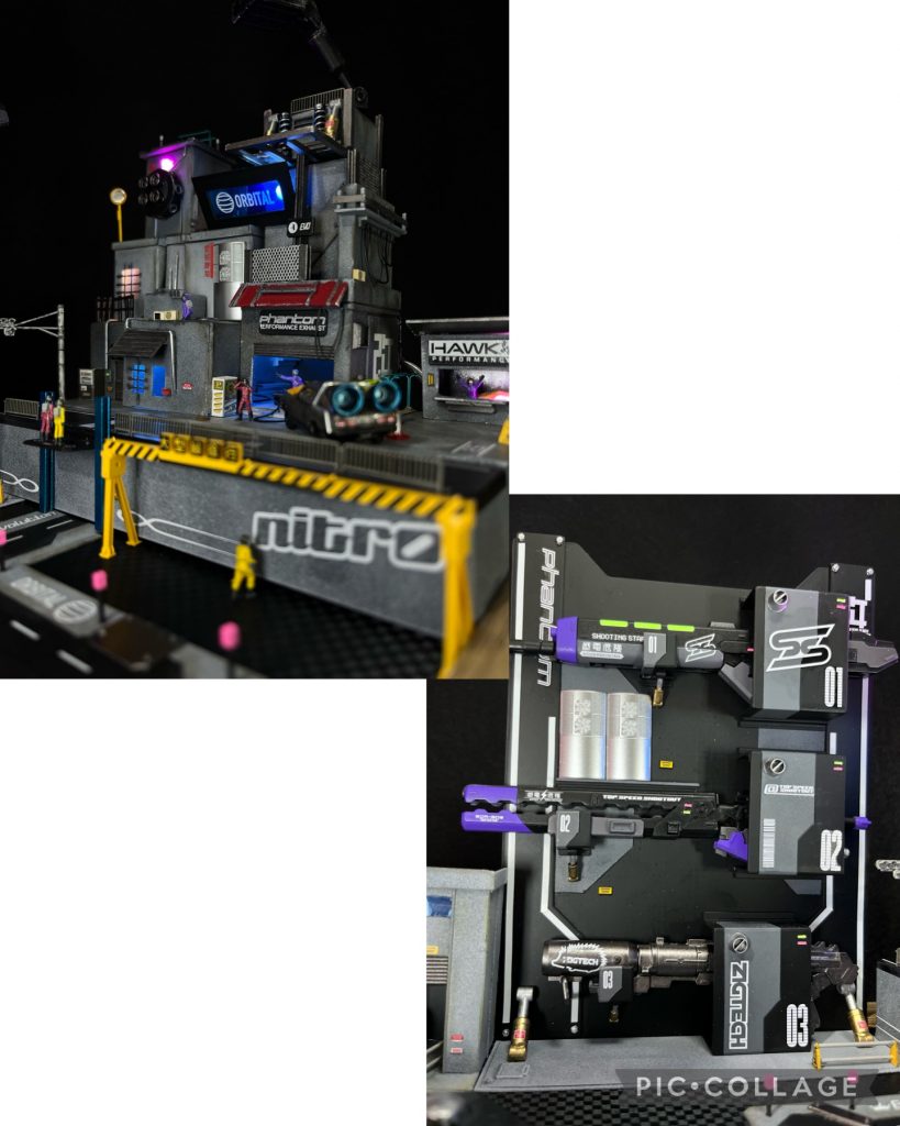 頑張って作ったんでそれぞれも紹介します。建物群ですね。道具屋があったり、工場があったり、ごちゃごちゃした感じを出したくて、ネットで漁った画像を参考に作成しました。自販機やエアコンの室外機などはペーパークラフトのものを購入し作成、信号機やカーブミラーはnゲージの部品を見つけてきました。ガンラックは銃の持ち手にハンドパーツを接着してしまっているのでそれを隠して展示したいがためにこんなデザインにしてます。それぞれの銃を作っているメーカーさんの広告がデカデカと目立つようにしてます。