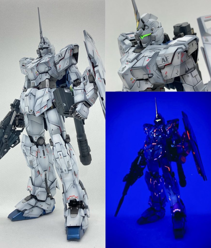 ユニコーンモードです。彫刻のような造形を強調するため、肩や腰アーマーなどにプラ板で段差と面を追加。グラデーション塗装でエッジと陰影を際立てました。そしてスジボリでパネルラインを追加。バルカンはメタルパーツに交換してあります。 ブラックライトを当てると、装甲のすき間からサイコフレームの光が漏れ出ます。想定外ですがデカールも発光していい感じに(^^;デカールはMGEXユニコーンのものを取り寄せて使用しています。マスクには透明プラ板で幅1㎜ほどのバイザーを追加し、裏側からスプーキーグリーンを筆塗りして緑に発光するようにしました。このバイザーを追加するためにマスクや頭部内を削り込んでスペースを空けたのですが、これがなかなか大変でした。