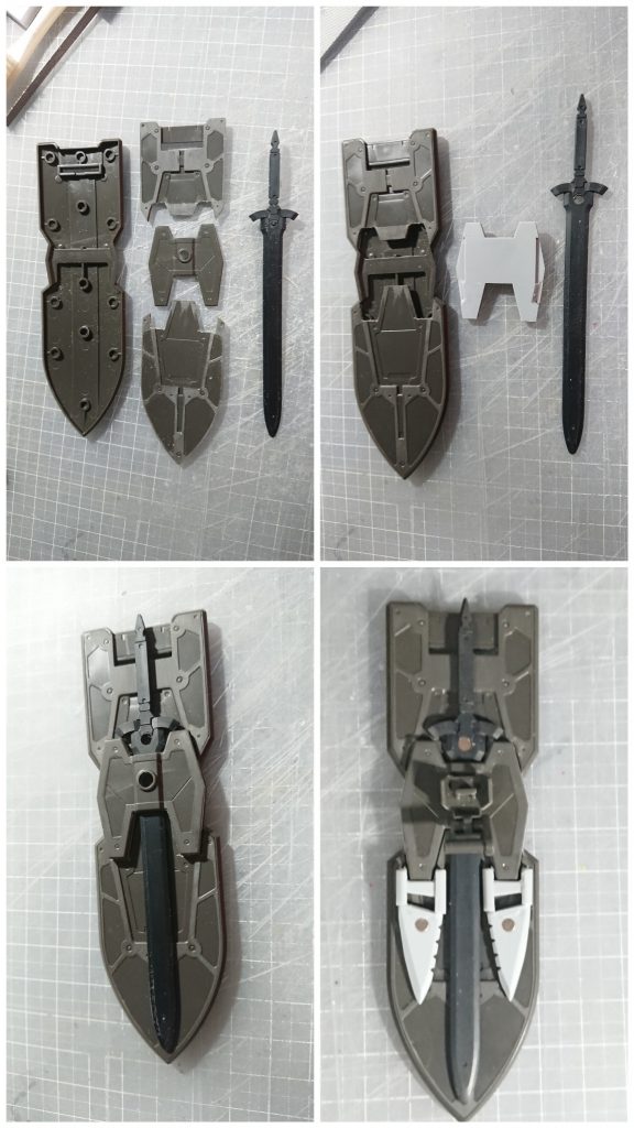 グレイズラージシールド製作過程。裏面パーツを3分割、真中のパーツにプラバン裏打ちしてナイトブレードを差し込む幅を確保してます。