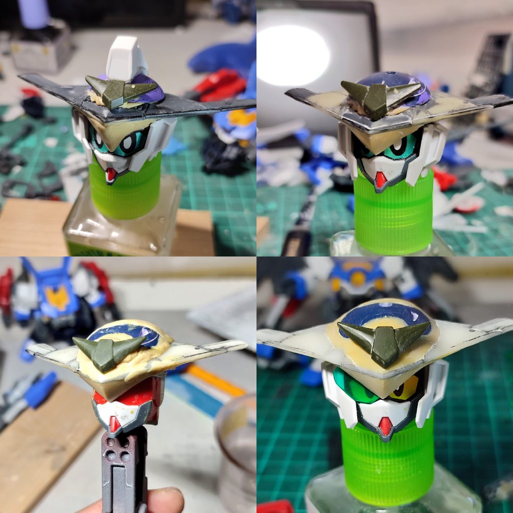 肝になった頭部のカスタム。パテを盛っては削って整える、の連続でした。初期:乗せただけでなんとも不格好。顔もなんか間抜けですw2段階目:顔つきはだいぶマシに。トサカはナシに。3段階目:後頭部のフォルムが不格好だったのでさらに盛る。最早グリモアがほぼ意味をなしてませんw4段階目:ようやくカタチが整いました。角はこまんどふみなのガンダムヘッドから。右目のスカウター?はクリアランナータグから削り出しています。400-600-1000-2000-10000と磨いてから爪磨きでさらに透明感を出しています。