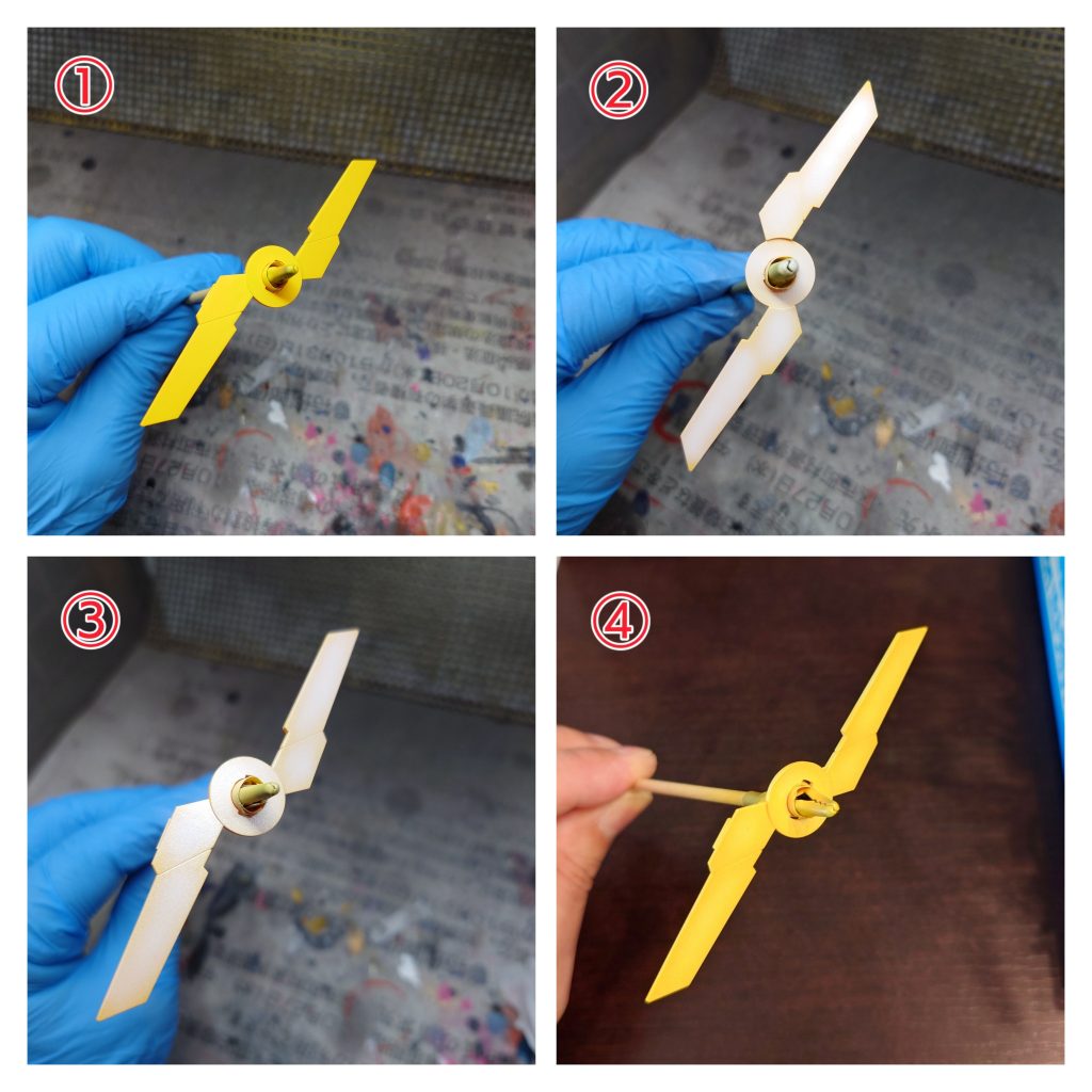 素の状態でも発光状態を再現したかったんですが、上手くいかず…(T_T)①下地処理してイエローを吹く②ホワイトでグラデーション③ガラスパールで金属表現④蛍光イエローを吹く
