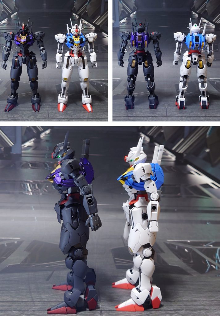 ガンダムエアリアルとの比較。プロポーション改造として腰を2ミリ延長し、バランス調整と、前屈時のパーツ干渉を回避しましたが、前屈の角度はあまり変わらないかも。