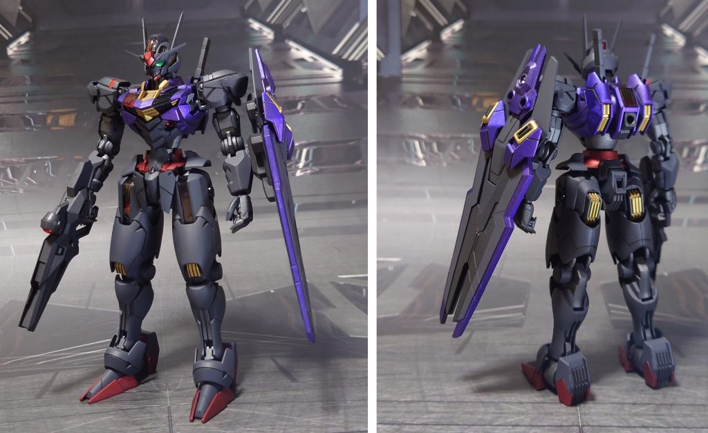 ガンダムキャリバン、基本装備の前後ろ。ツインアイは折角なので、2色あるシールを両方使用してオッドアイに。シェルユニットは右側だけ発光にして、厨弐感を演出してみました。■塗装レシピ黒:黒サフ→ファントムグレー→つや消し紫:黒サフ→メタリックパープル→つや消し赤:黒サフ→メタリックレッド→つや消し金:黒サフ→ゴールド→つや消し関節等グレー:黒サフ→ブライトガンメタル→つや消しクリアパーツ各種:(シール貼り付け後に)光沢胸部金属パーツ:メタルプライマー→クリアレッド武器類黒:黒サフ→MS連邦グレー→つや消し槍グリップ:黒サフ→つや消しビーム刃エフェクト:根本側にMSホワイト→先端側にメタリックレッド→全体に蛍光ピンクセンサー類:キット付属シールを使用(貼り付け後に光沢)その他部分塗装、墨入れ:ガンダムマーカー各種(トップコート前に実施)