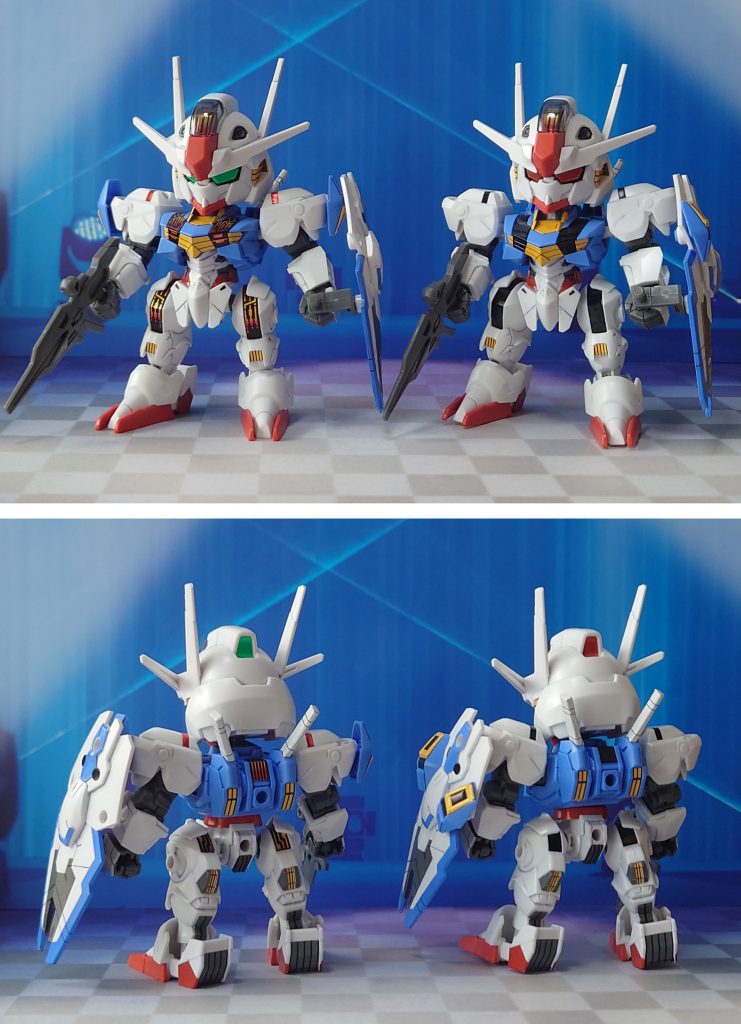 2体並んで前後ろ。HGTWFMに続き、こちらもツインアイ・シェルユニットのシールが選択式なので2個買い対応しました。