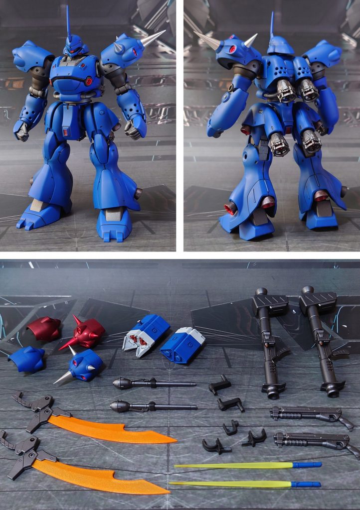 無装備の前後ろと装備一式。武器はキット付属のものに、GNオーガソード弐式をヒートソードに見立てて追加、他社パーツのミサイルポッドも足しておきました。なお、チェーン・マインは今回、用意していません。