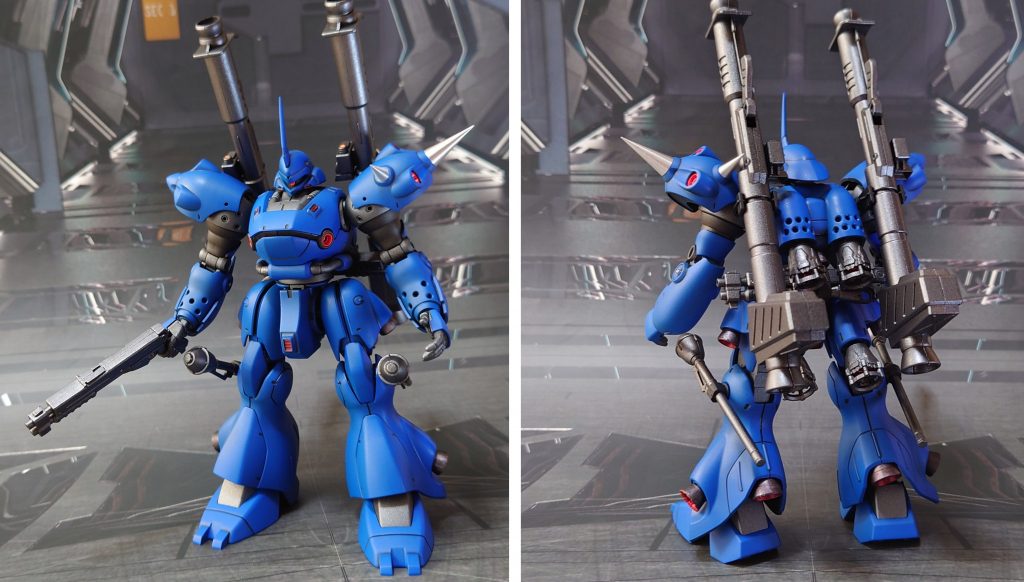 ケンプファーの基本装備で前後ろ。全体の“蒼”はキャラクターブルーで塗りましたが、ケンプファーの元のイメージ色とあまり変わらないかも。せめてもの抵抗に“赤い肩”も準備して、差換え可能にしました。