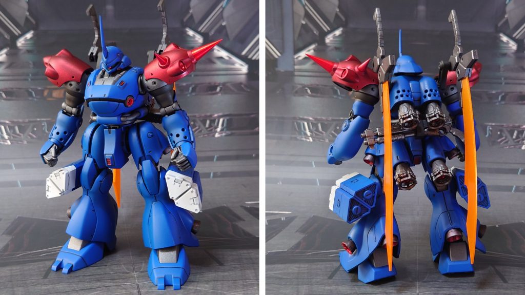 赤い肩にヒートソード二刀流で前後ろ。手首はビルドハンズ(丸)Lサイズを1セット追加で用意しました。■塗装工程青:黒サフ→キャラクターブルー→つや消し赤肩:黒サフ→シャインシルバー→クリアレッド→つや消し赤肩トゲ(金属パーツ):メタルプライマー→クリアレッド→光沢黒:黒サフ→黒鉄色→つや消し関節等薄グレー:黒サフ→ブライトガンメタル→つや消しモノアイレール、武器ラック:黒サフ→つや消しミサイルポッド弾頭:グレーサフ→ダルレッド→つや消しミサイルポッドカバー白:黒サフ→シルバーリーフ→MSホワイト→つや消しヒートソード刃:シャインシルバー→蛍光オレンジビームサーベル刃エフェクト:根元側にMSホワイト→先端側にクリアイエロー→全体に蛍光イエローメインスラスター、その他武器類:黒サフ→ガンメタル→つや消しその他部分塗装、墨入れ:ガンダムマーカー各種→つや消し