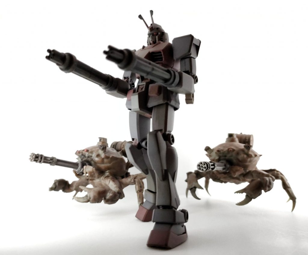 以上になります。手もぎで作って部分塗装、バシャーっとウェザリングをしてさっくりお手軽仕上げです。これでガンプラバトルをしようとしたら、やっぱり弱いと思います。