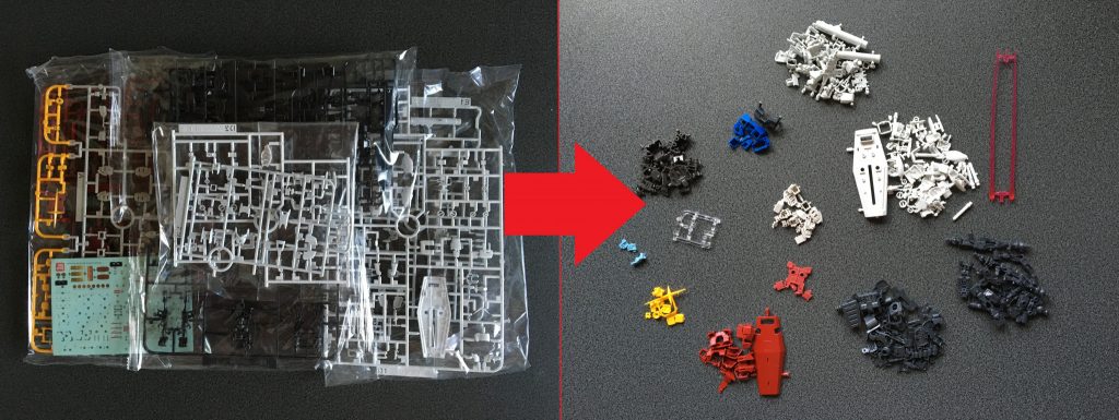 パーツリストはA、B、C、D1、D2、E1、E2、F、G、Hとランナー数がとても多いです!始めにパーツを全て切り離しゲート処理を行います。スミ入れ工程