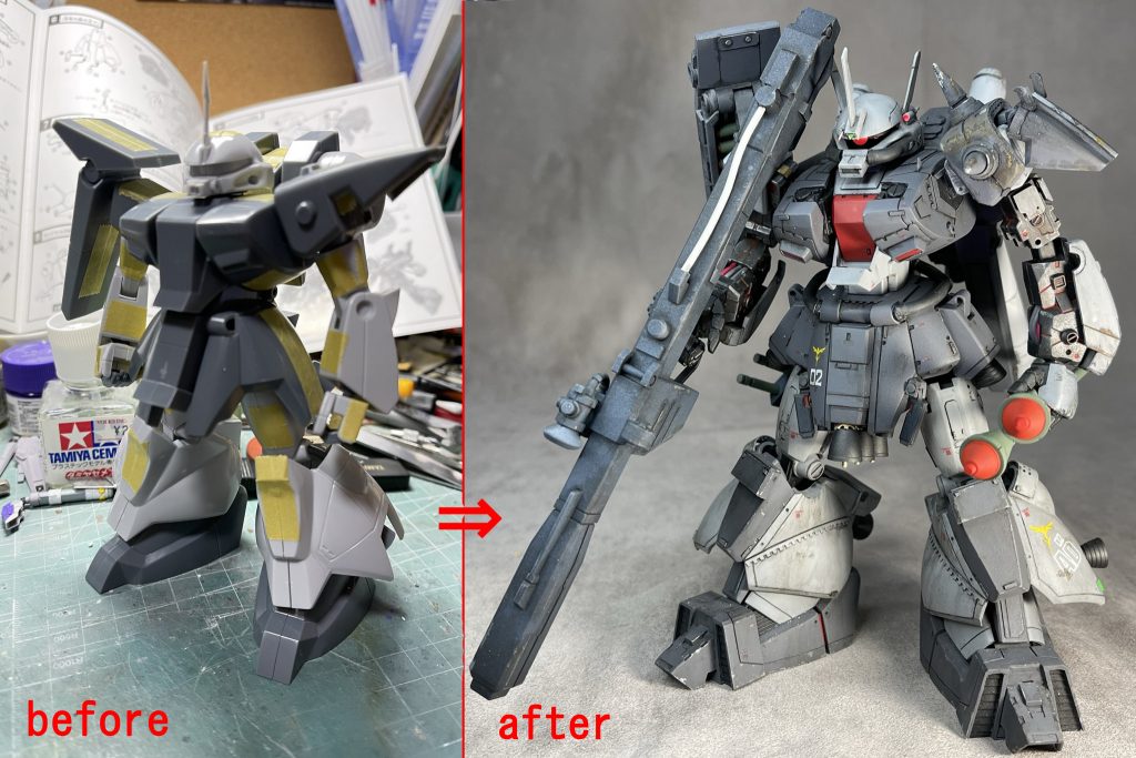 最後に、このザクⅢのビフォーアフター。旧キットの味を全て消し去りました。ならば最初っからHGUC組めよって話ですが。しかしここまで劇的に変化させられる旧キットって面白い。噛めば噛むほど味が出るスルメが如く。今これを見ると、よくやったな!と自分を褒めたくなります(笑)。逆に言えば、終わりの無い無間地獄に陥りそうではあります。